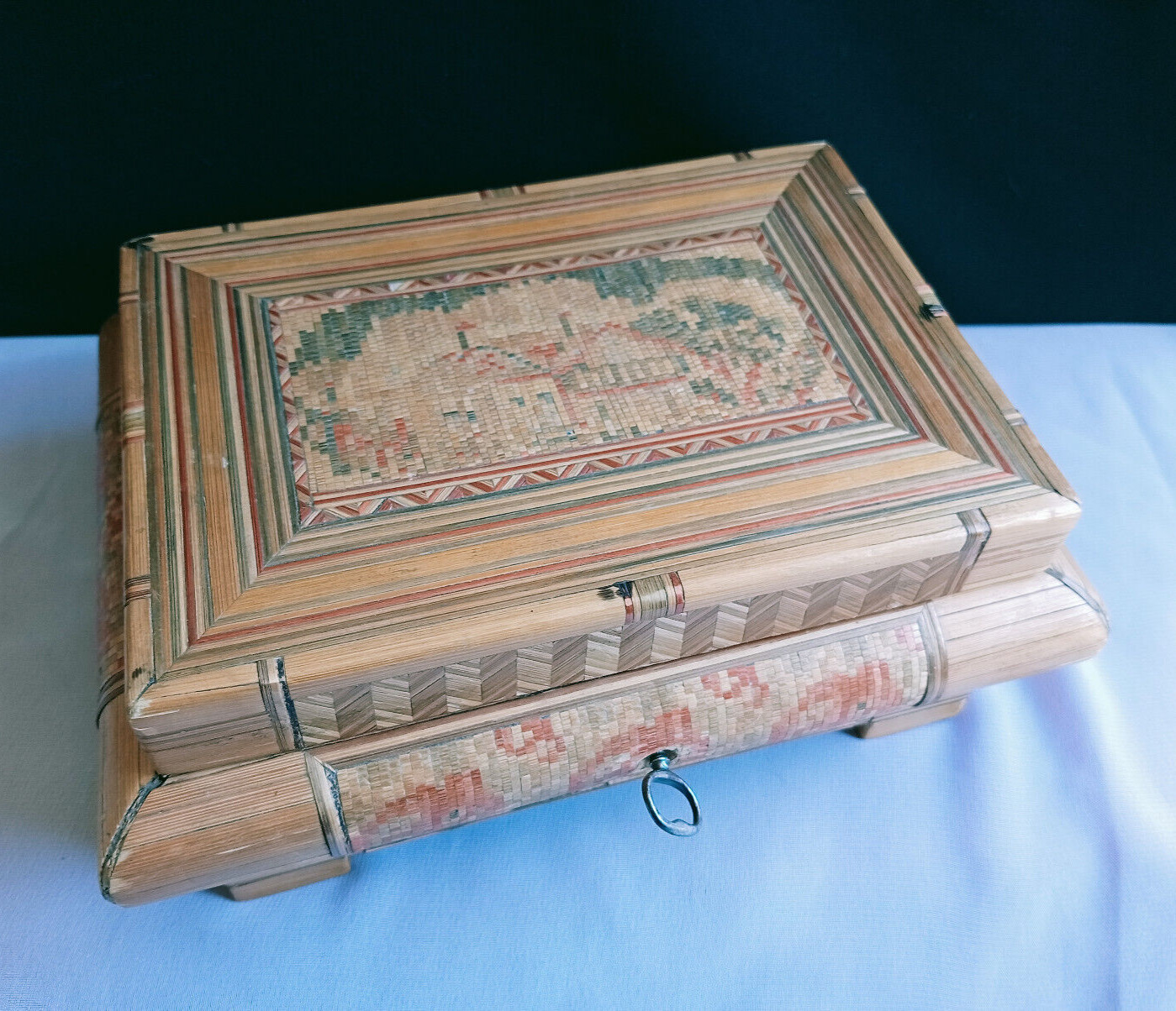 Napoleonic Prisoner of War Straw Work Box Sewing Casket with Key Fabric Lined