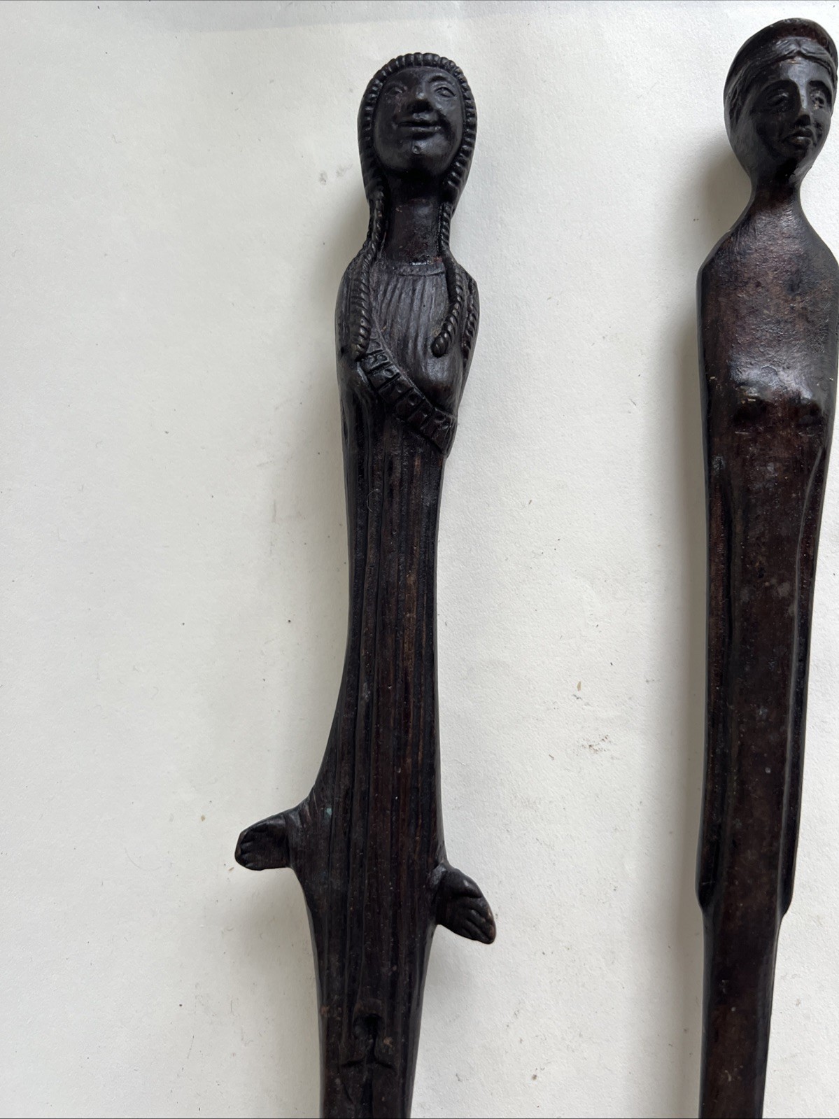 Two Large Bronze Etruscan MCM Giacometti-style Standing Greek Kore Sculptures
