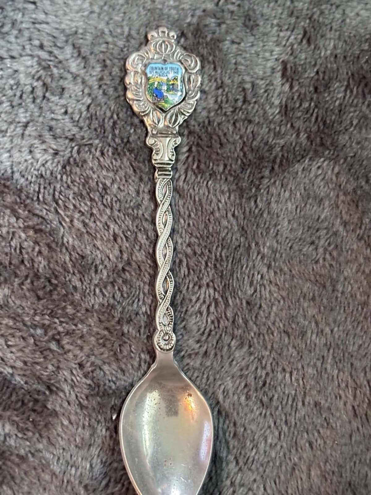 Vintage St Augustine FL Fountain of Youth Enamel Souvenir Spoon Twisted Florida