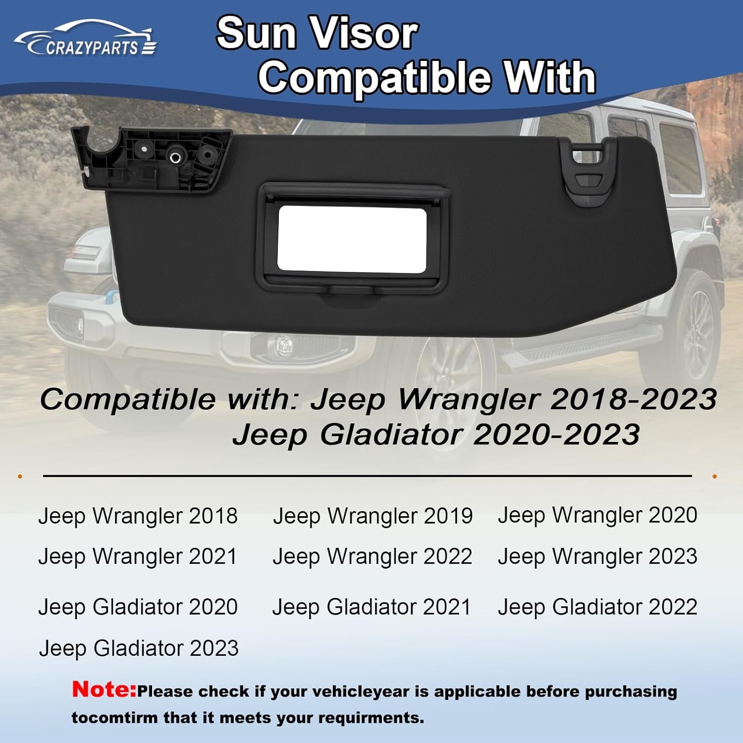 Driver Side Sun Visor Compatible with 2018-2023 Jeep Wrangler 2020-2023 Jeep …