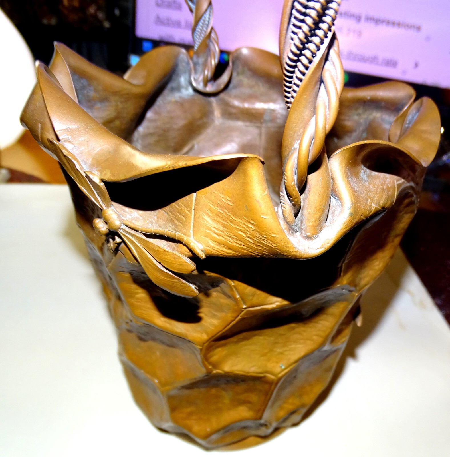 Made 1850-1899 Meiji Japanese Hand Made Copper Basket & Applied Copper Insect