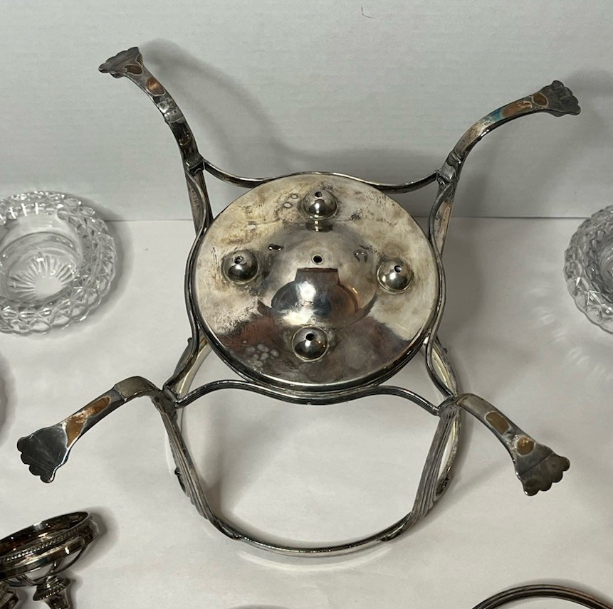 Antique Silver Plate Footed Epergne w 1 Lg 4 Sm Leaded Cut Glass Bowls