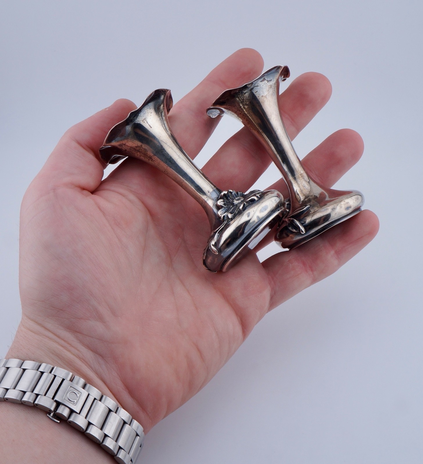 Kerr Sterling Silver Art Nouveau Floral Flower Bud Vases Antique Vintage Pair