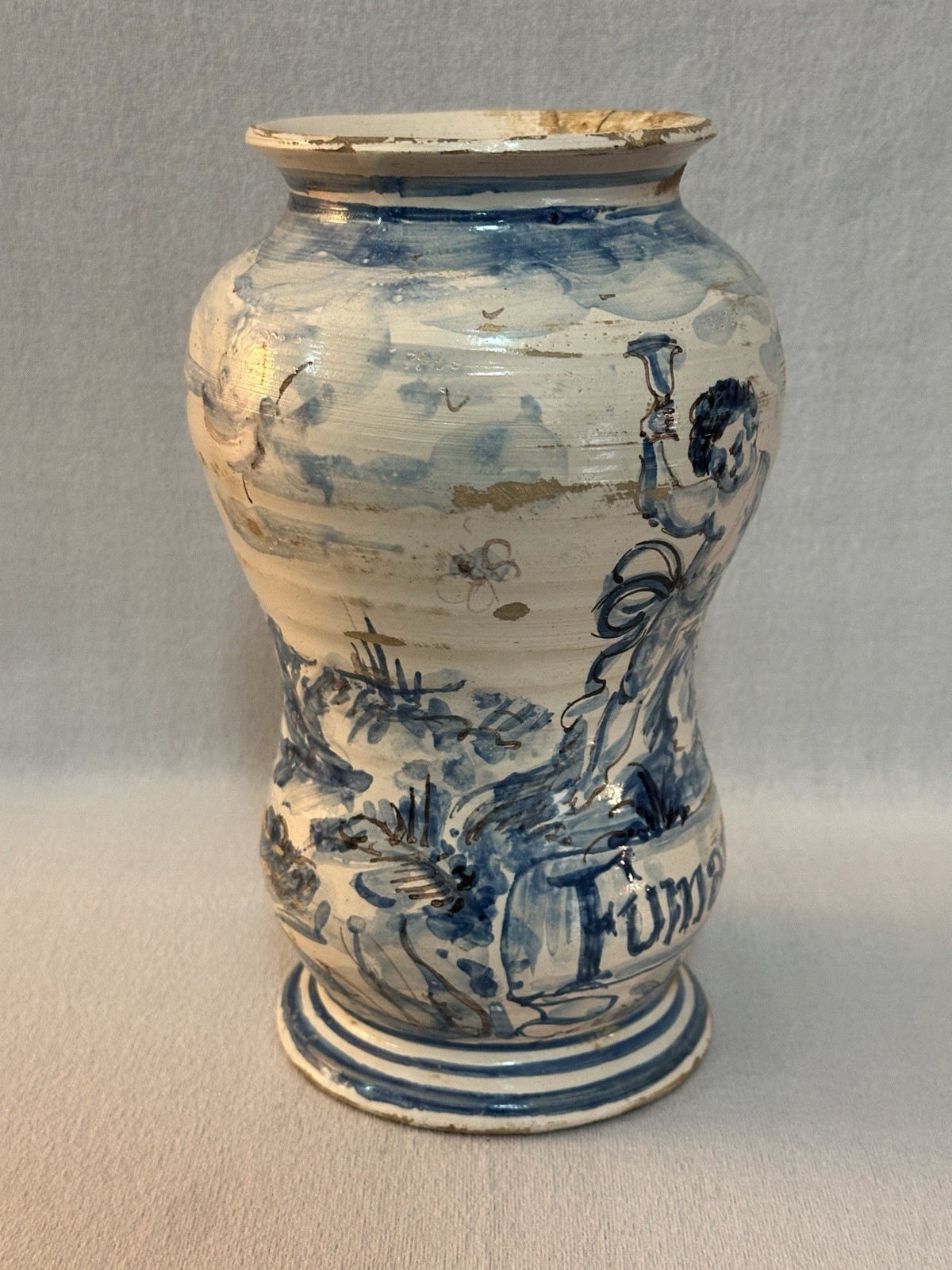 Antique Italian Majolica Blue/White Albarello Drug Jar, Bacchus, 17th C. – 8 in.