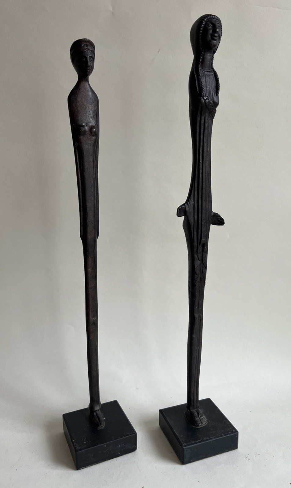 Two Large Bronze Etruscan MCM Giacometti-style Standing Greek Kore Sculptures