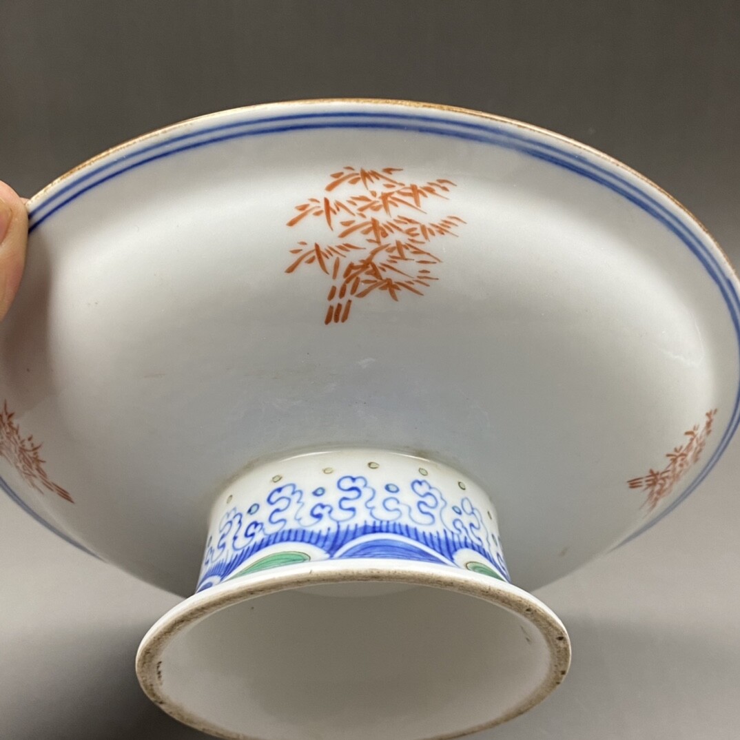 8.4 “Old China Qing Dynasty Blue and white Doucai Figure pattern High foot disc