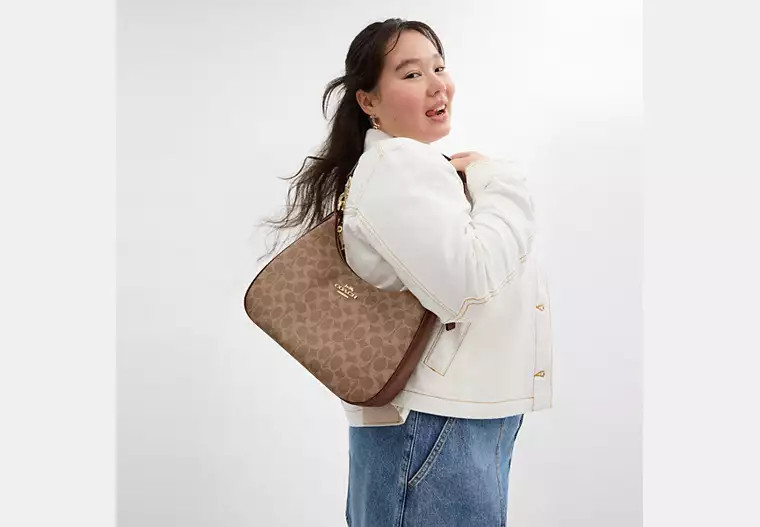 COACH CV940 Teri Hobo Signature Canvas 2Way Shoulder Bag Tan/Brown NEW #ZJ
