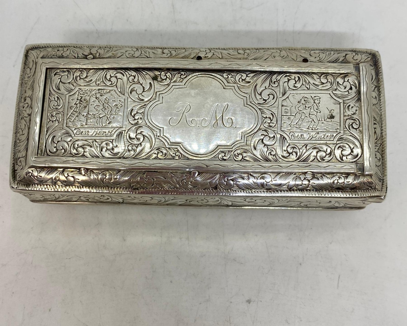 833 Silver Netherlands Snuff Box with 4 Seasons Dutch Scene In Lid Monogram RM