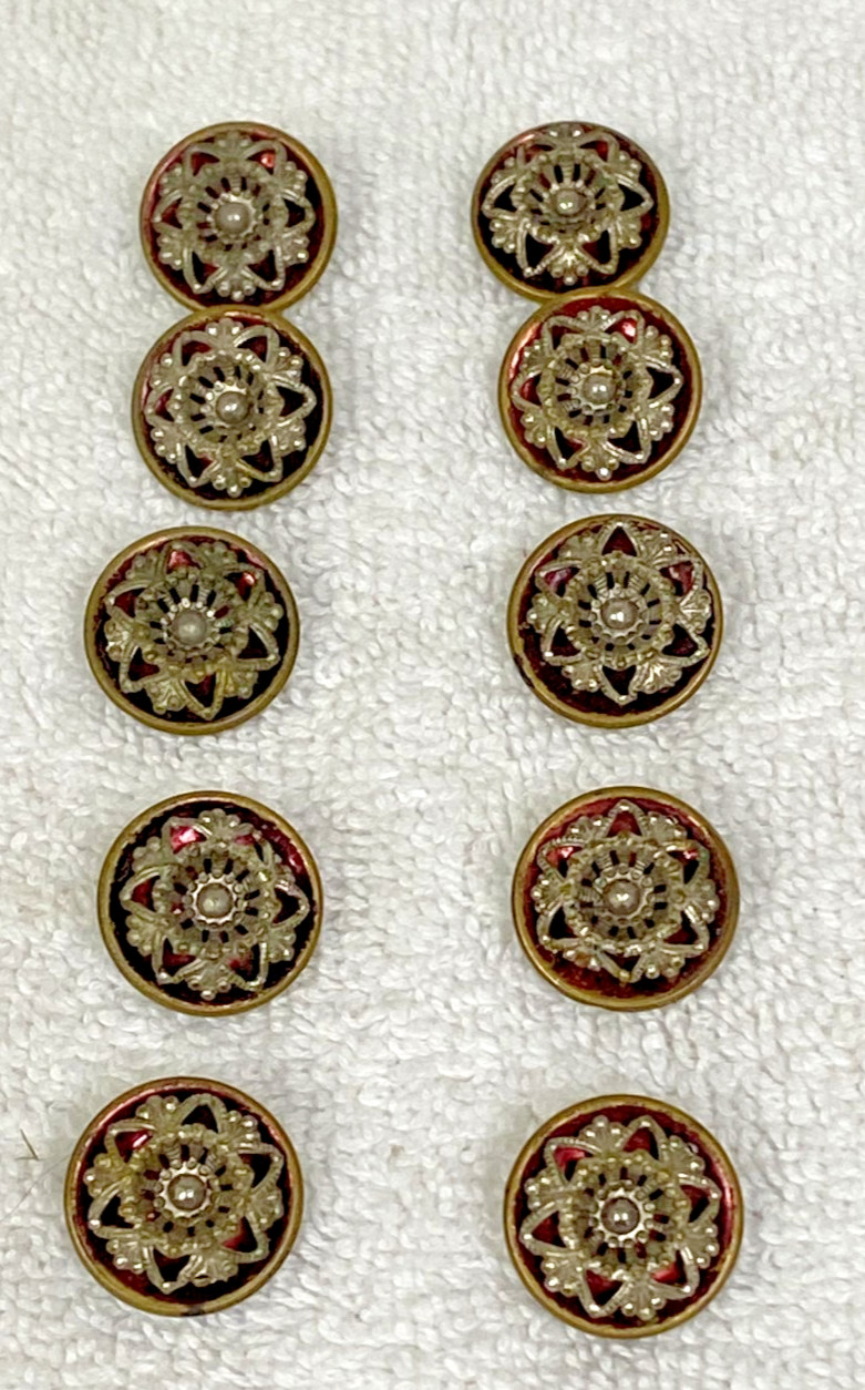 10 Antique Victorian Filigree Star Flower Red Flashed Cup Gold Tone Buttons 5/8″