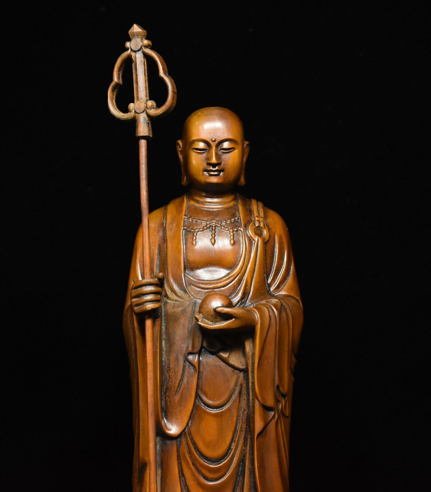 Chinese Buddhism Boxwood Wood Carve Stand Ksitigarbha Boddhisattva Buddha Statue