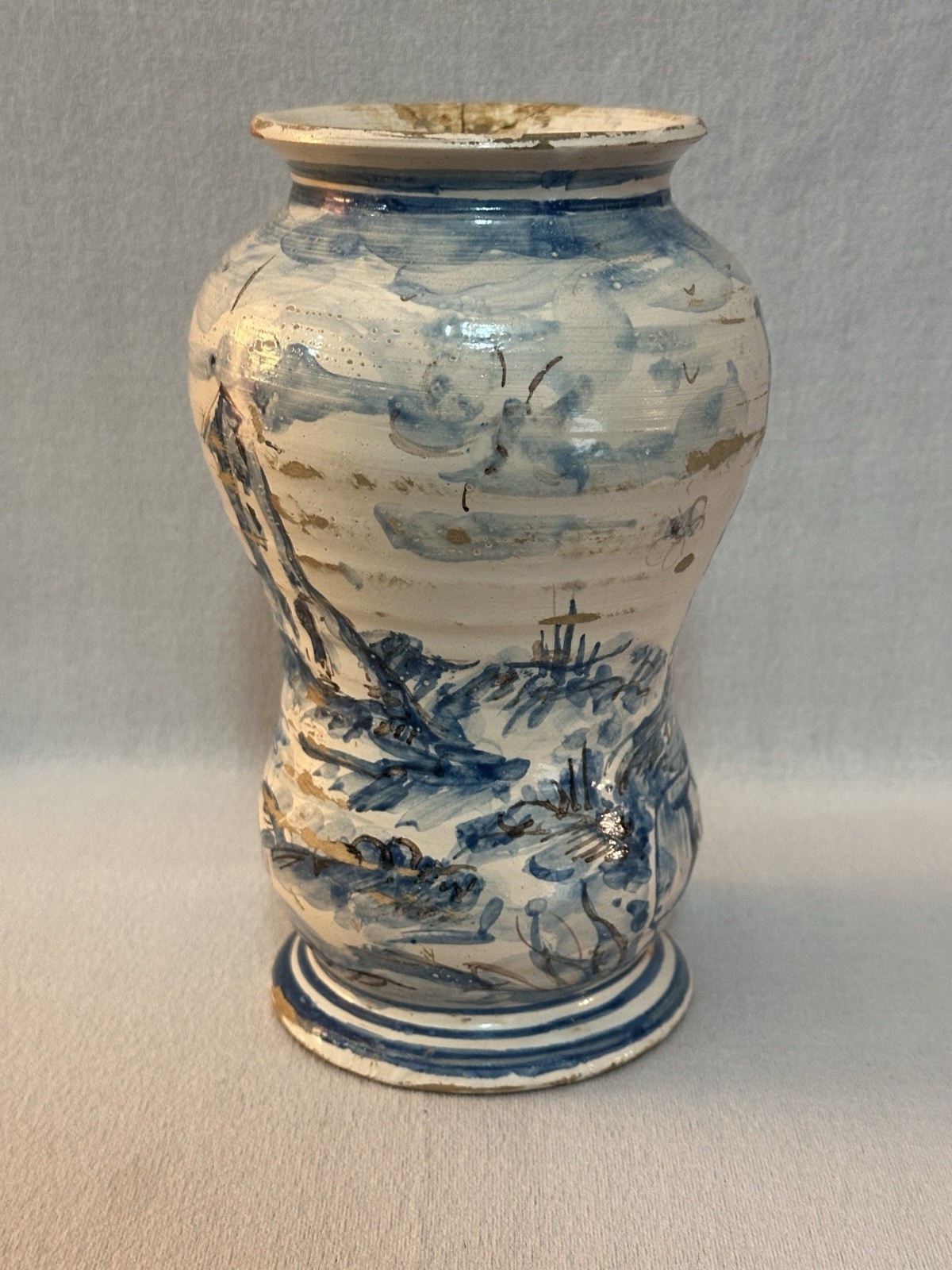 Antique Italian Majolica Blue/White Albarello Drug Jar, Bacchus, 17th C. – 8 in.