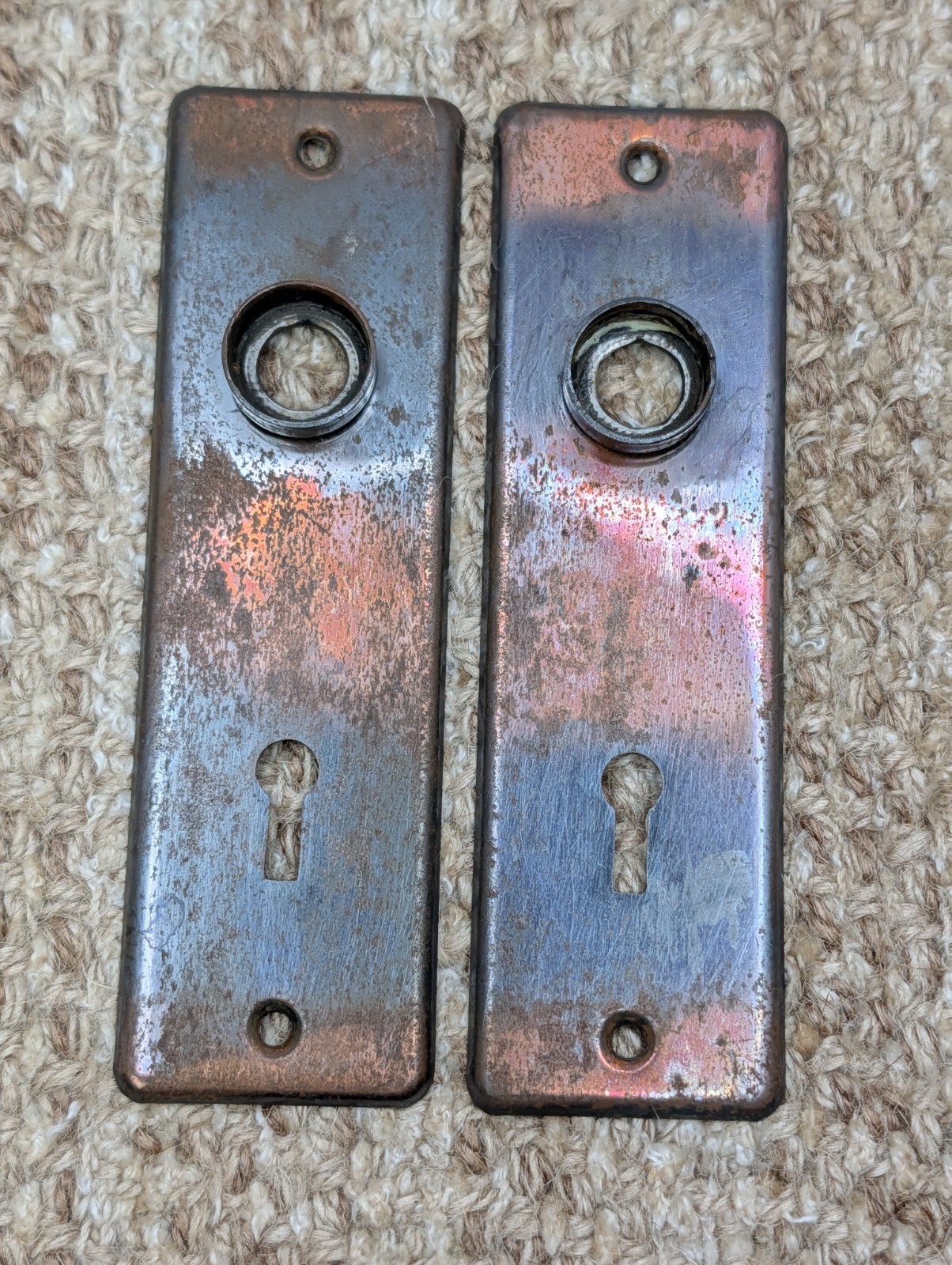 Pair 1 5/8″ x 5 1/2″ Antique Stamped Steel Door Knob Plates
