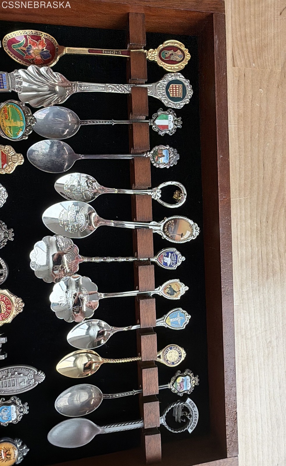Vintage Souvenir Spoon Collection 48pc Set Silver-Tone Metal Wood Display Case