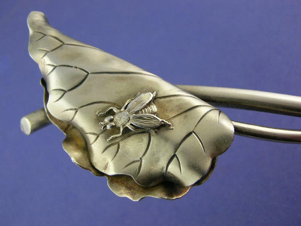 Rare Sterling SHIEBLER 10″ Serving Spoon Naturalistic Leaf shape w/ applied Bug