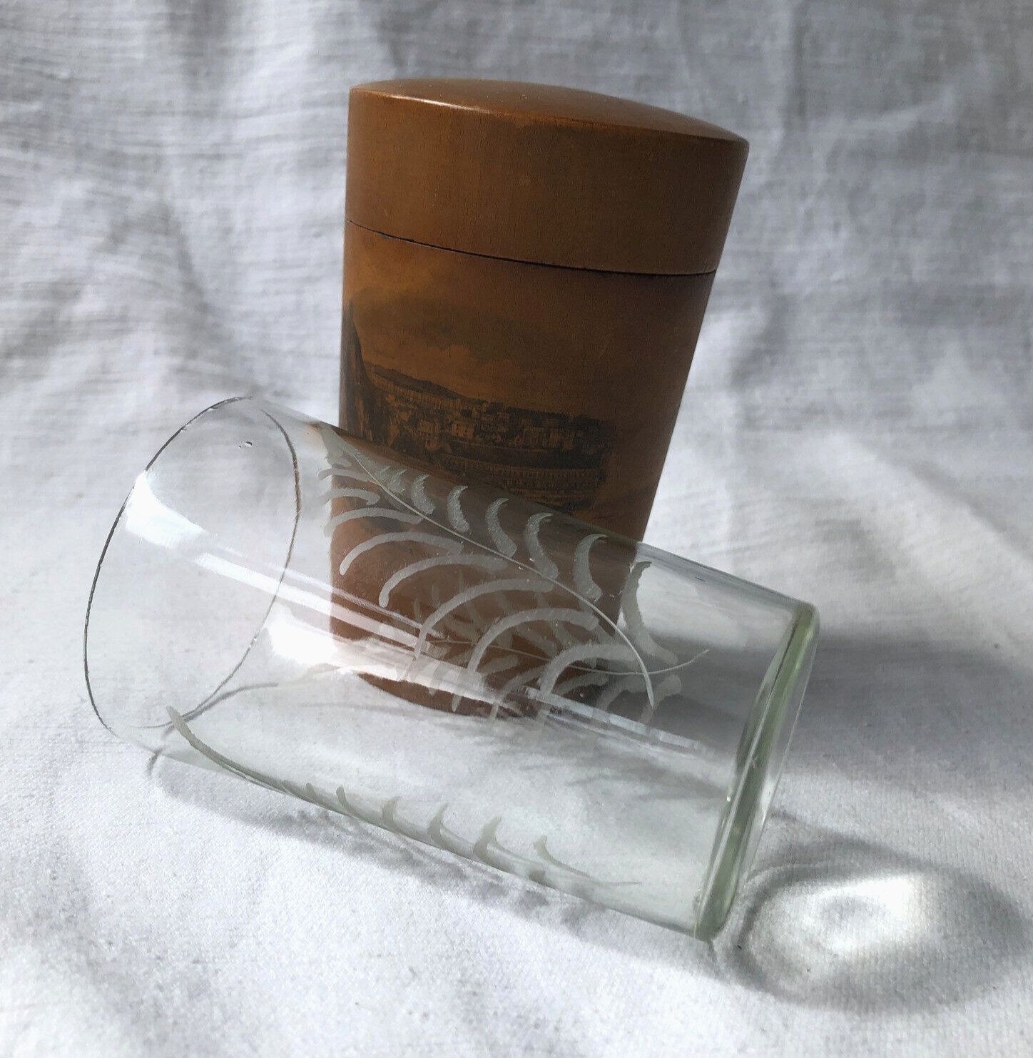 Antique Mauchline Ware Glass Holder Ilfracombe + Fern Etched Glass c. 1890