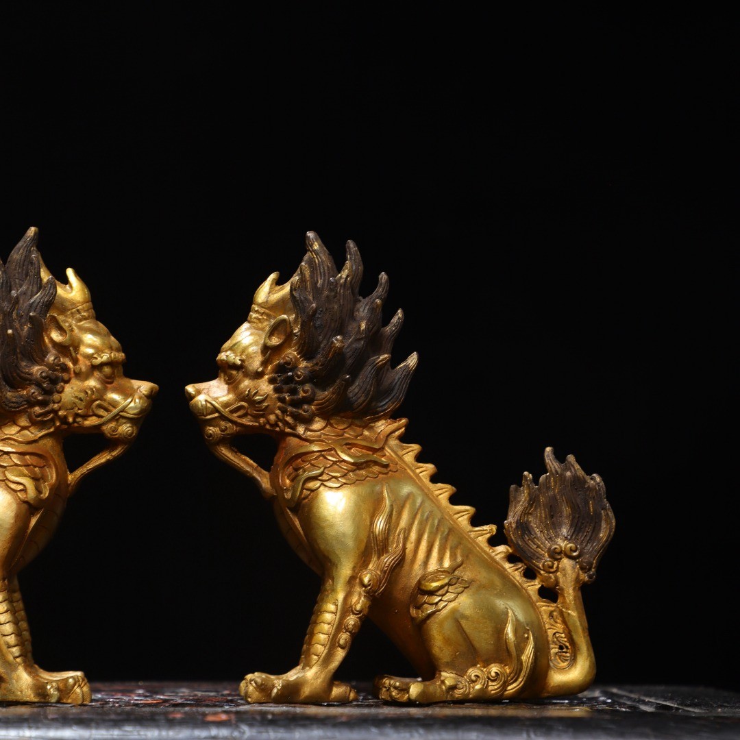 5.9″ Old Collection Treasure Bronze Gilt A Pair [ Kylin ] Ornaments