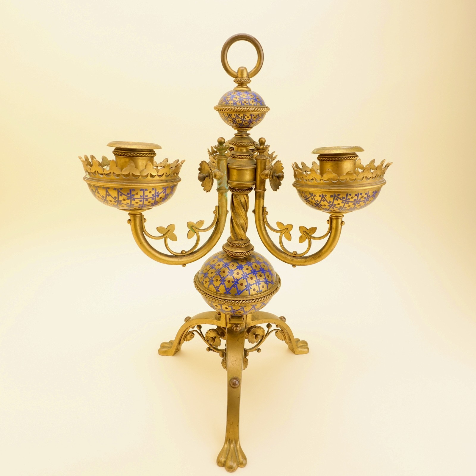 19c French Champlevé Enamel 3-Light Candelabra Moorish Barbedienne Style