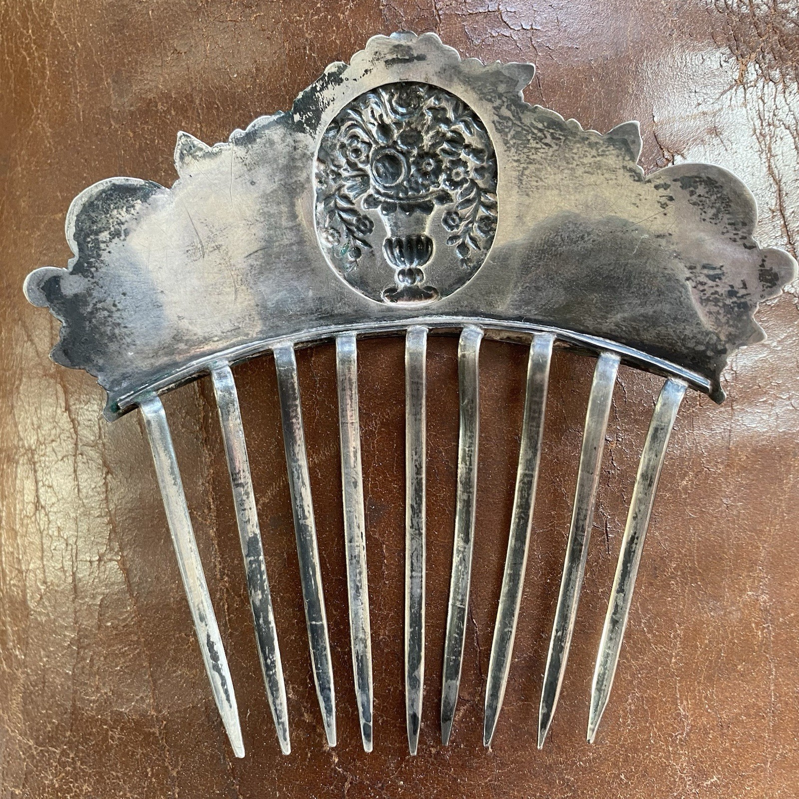 American Early Coin Silver Hair Comb Antique .900 Basket of Flowers Not Sterling