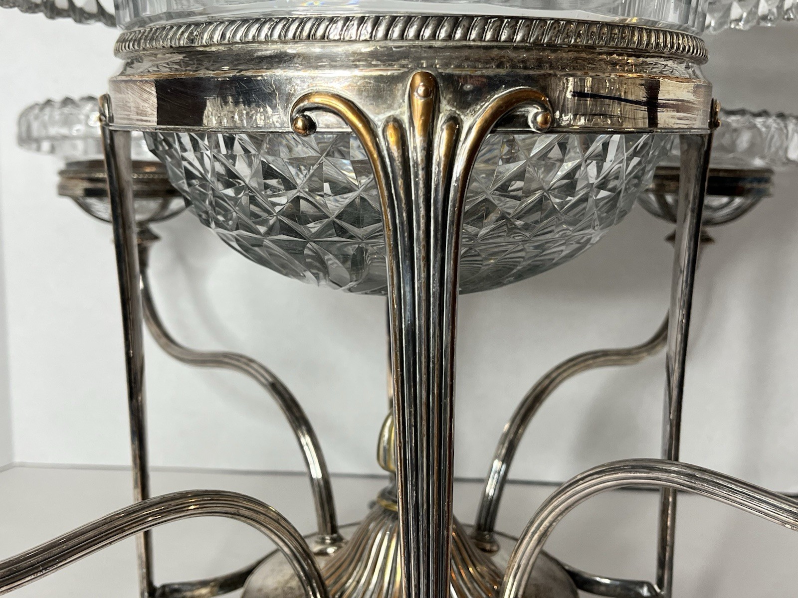 Antique Silver Plate Footed Epergne w 1 Lg 4 Sm Leaded Cut Glass Bowls