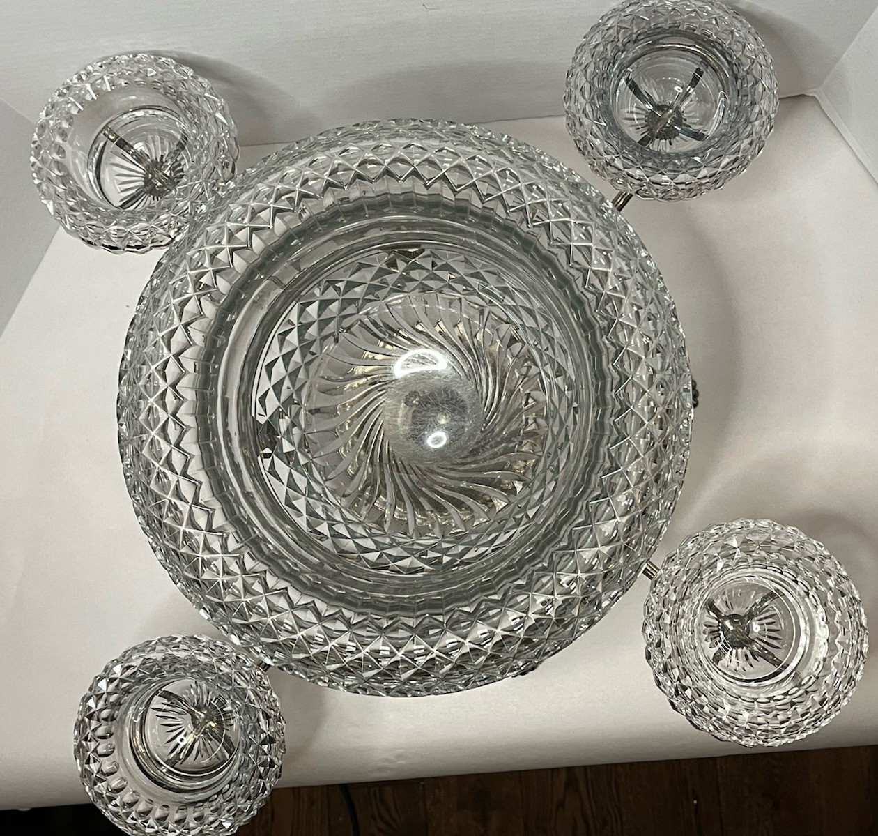 Antique Silver Plate Footed Epergne w 1 Lg 4 Sm Leaded Cut Glass Bowls