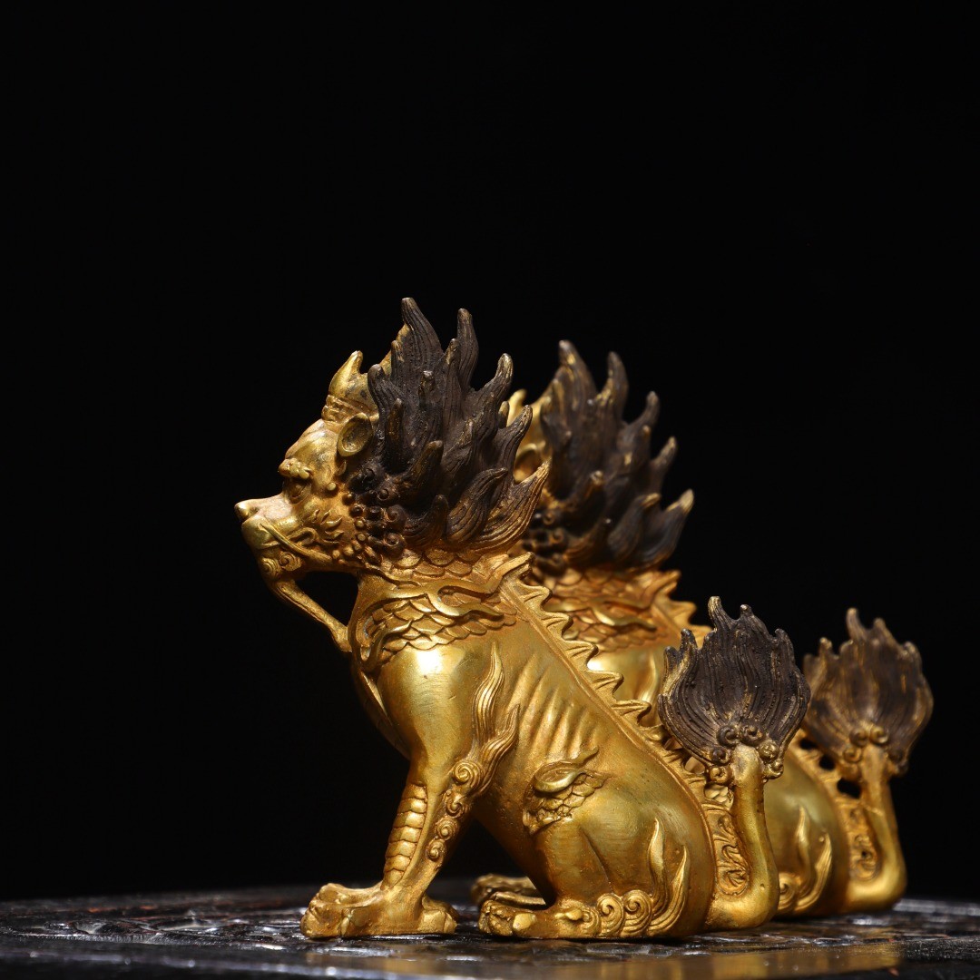 5.9″ Old Collection Treasure Bronze Gilt A Pair [ Kylin ] Ornaments