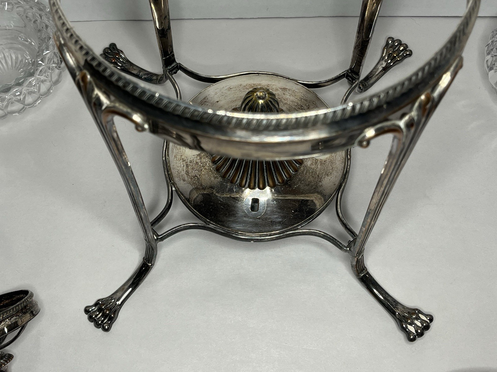 Antique Silver Plate Footed Epergne w 1 Lg 4 Sm Leaded Cut Glass Bowls