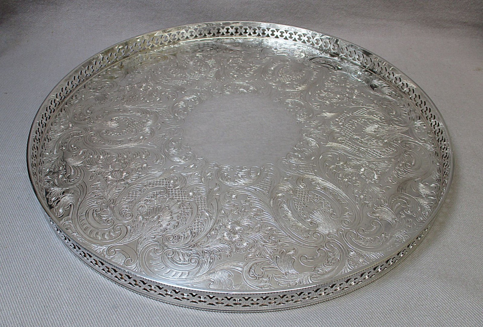 Barker Ellis Engraved Silverplate Round Tray Reticulated Gallery Harrods England