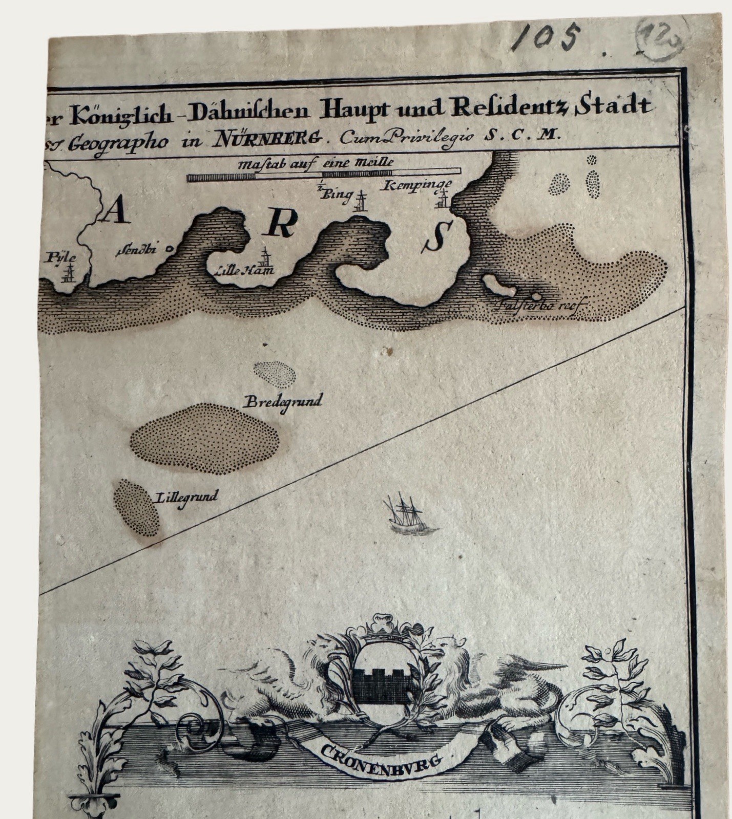 18thC Denmark Map 1706 Kronborg Castle Hamlet Elsinore Homann Copper Engraving