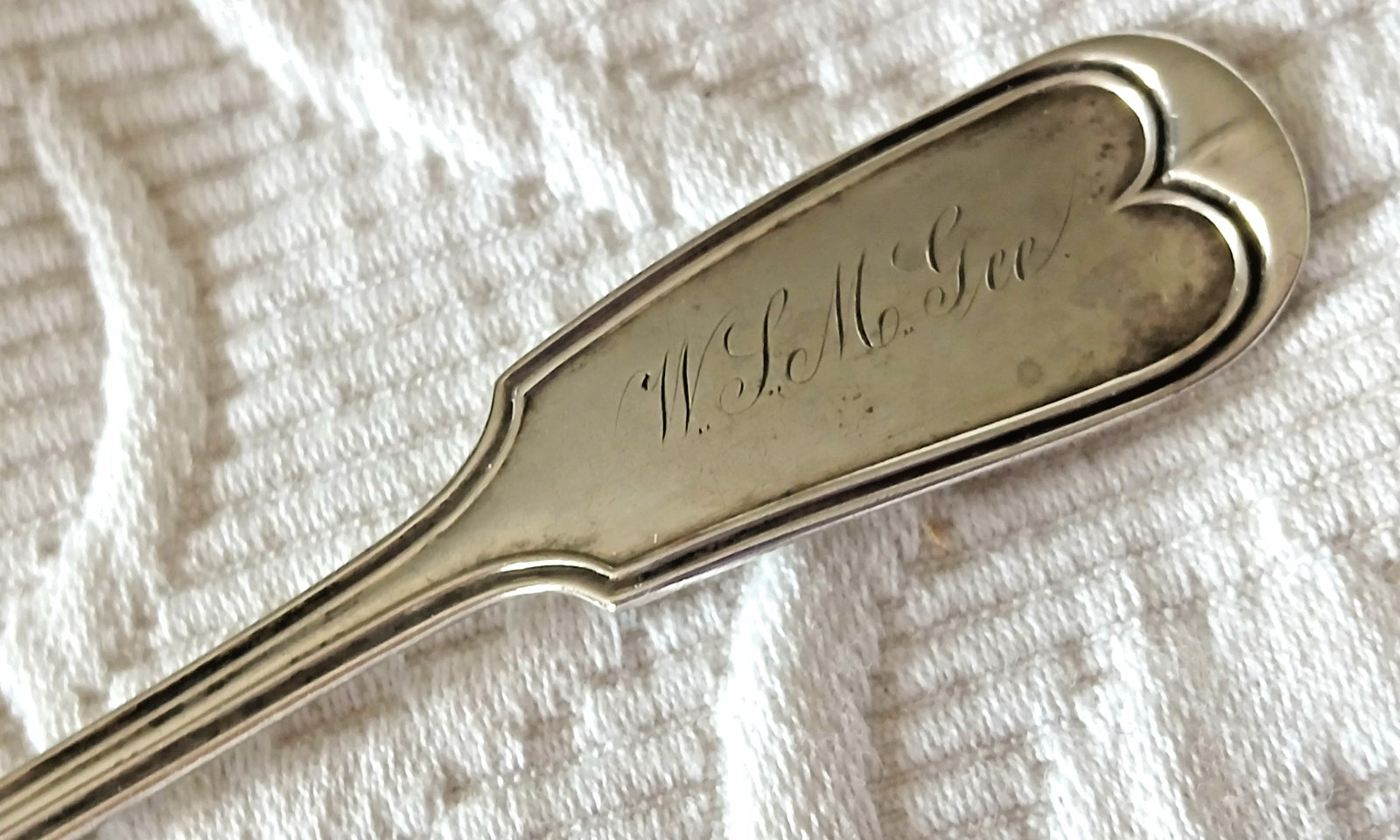 Antique Sterling Coin UNKNOWN Fiddle & Thread Mustard Ladle Spoon RARE “McGee”