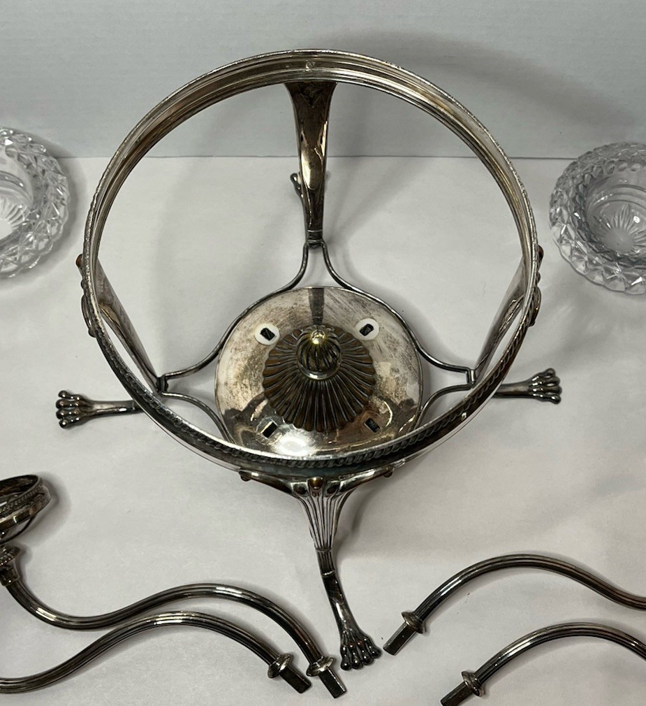 Antique Silver Plate Footed Epergne w 1 Lg 4 Sm Leaded Cut Glass Bowls