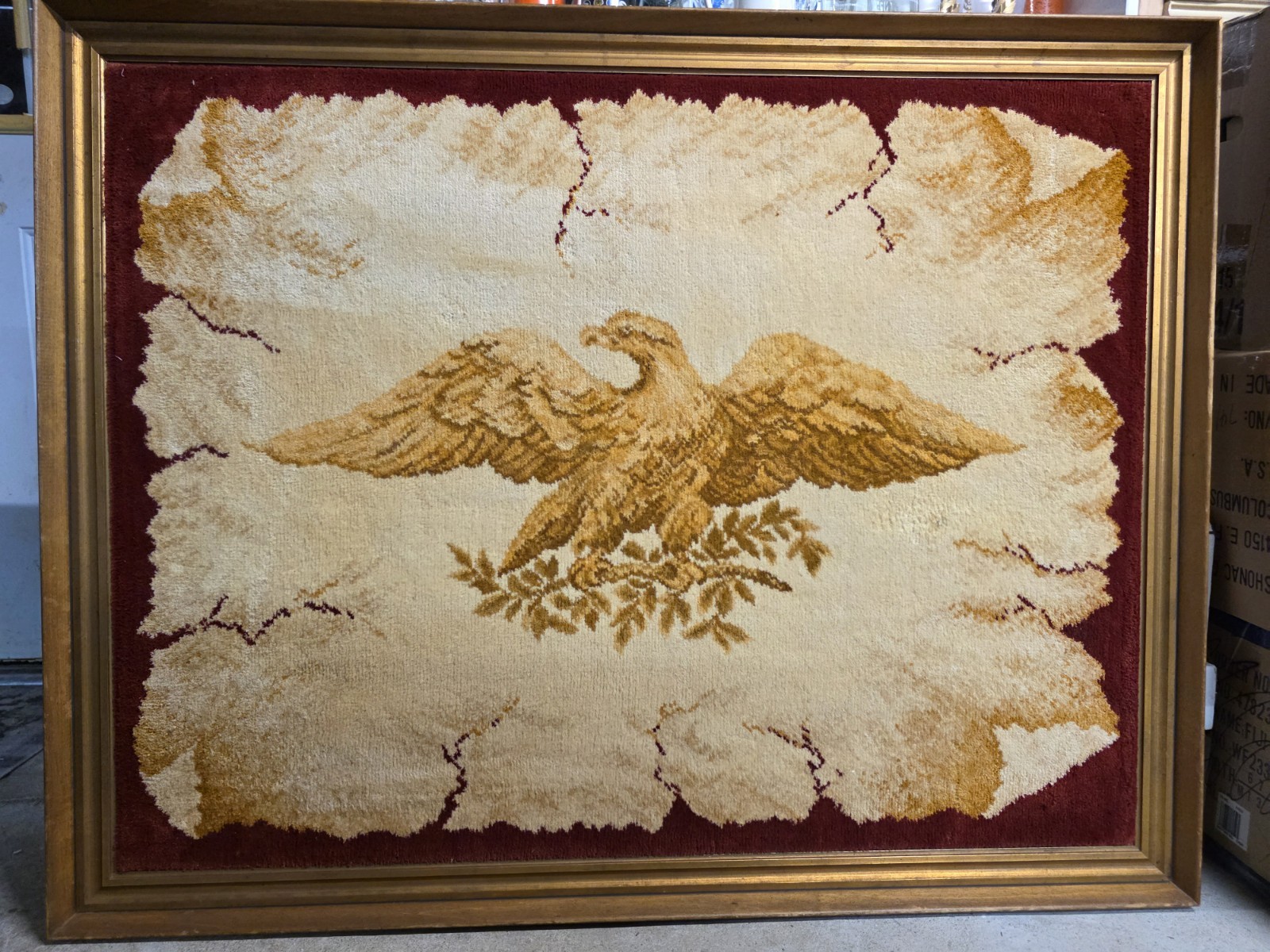 Vintage Karastan American Eagle Rug Fiber Wall Art Framed Large 38in X 48in