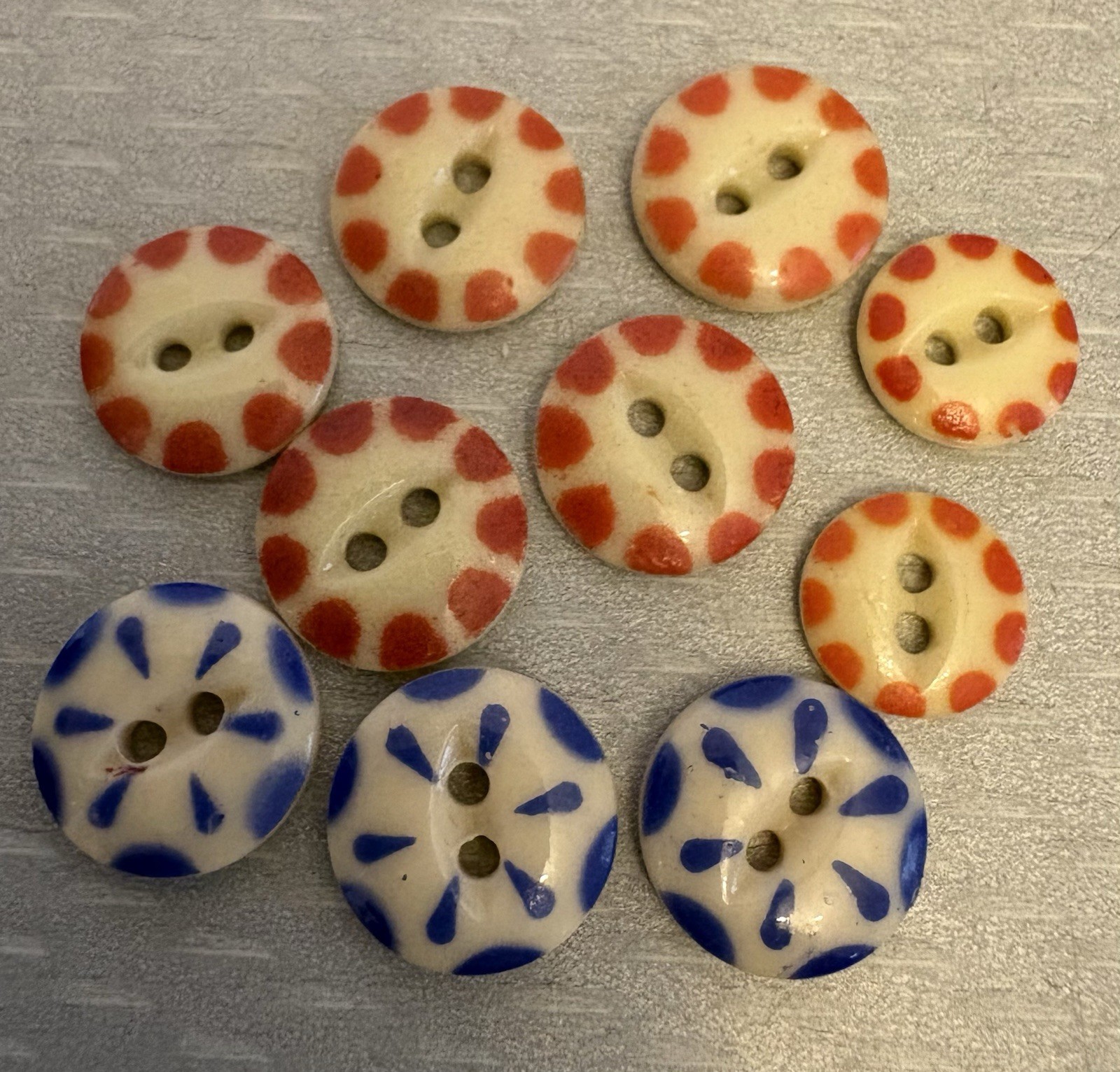 Antique China Stencil Button Lot 10P Blue Orange Fisheye 12mm-15mm