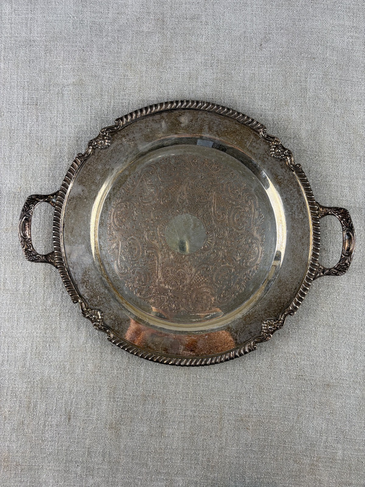 Vintage Silverplate Serving Tray Round Ornate Handles 14”