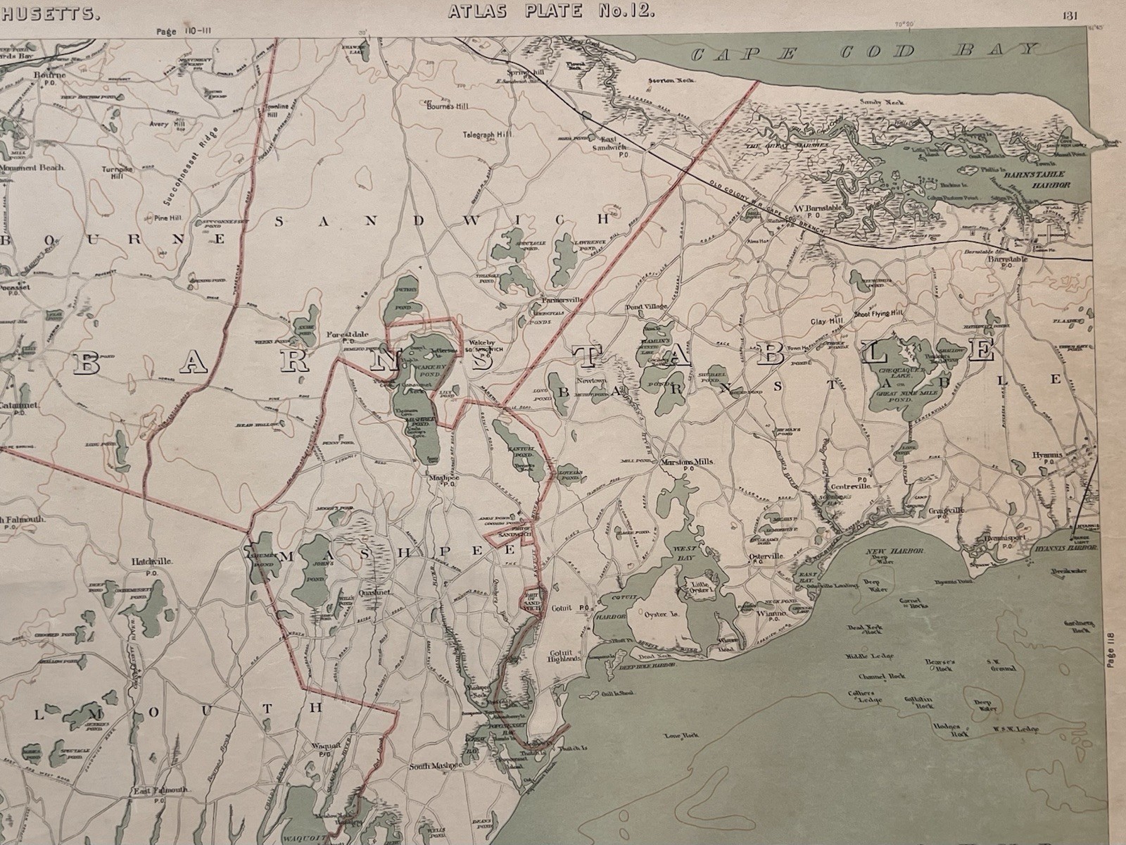 1891 Original Cape Cod Map,Falmouth,Mashpee,Sandwich,Barnstable,Mass,MA,Bay,Old