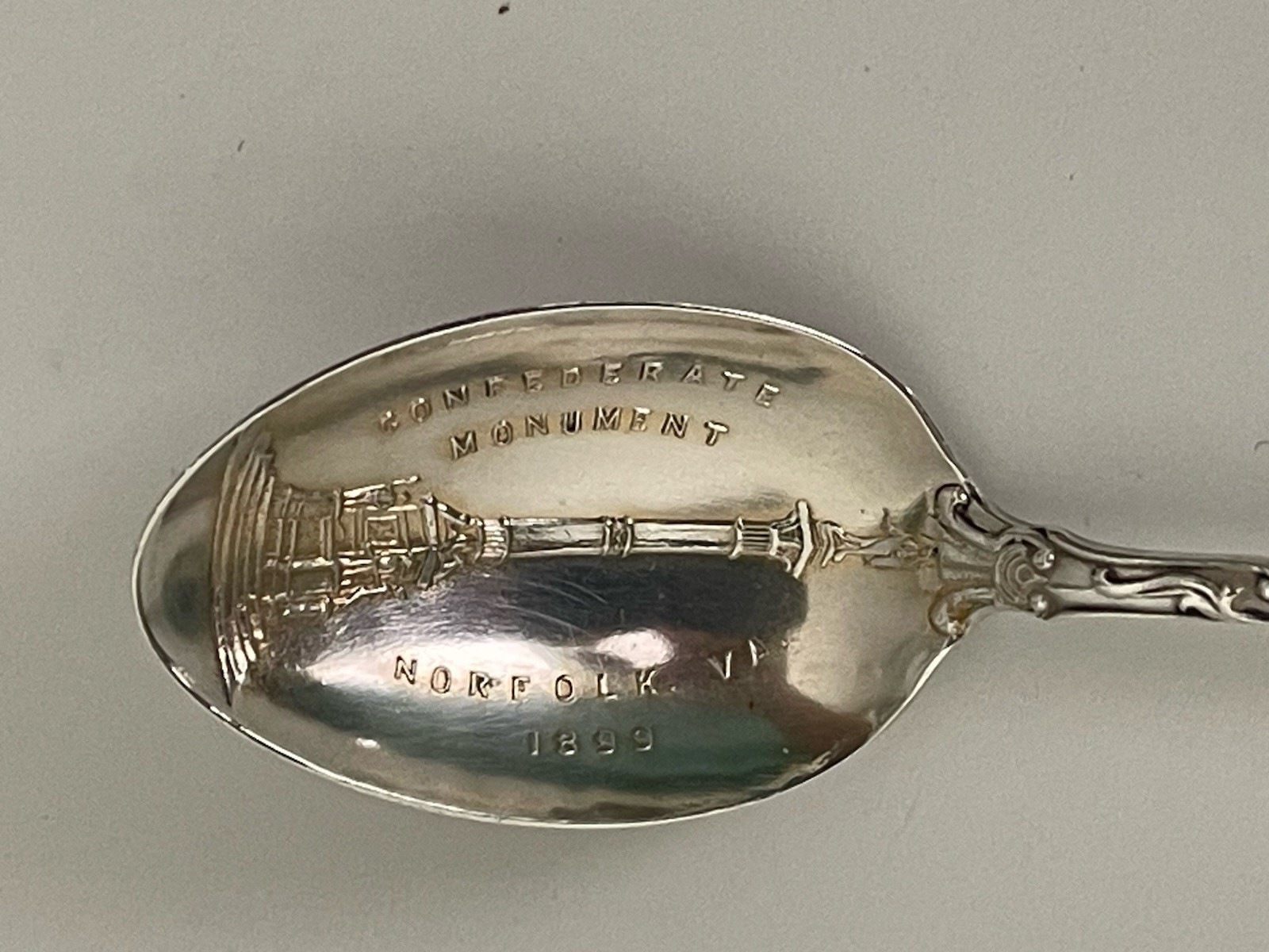 Antique 1899 Sterling Silver Souvenir Spoon Confederate Monument Norfolk, VA 8g