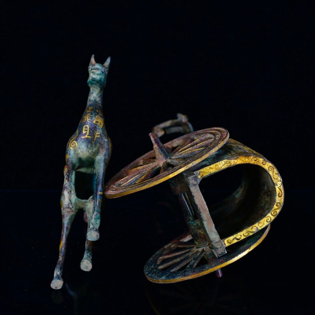 14” Ancient China Bronze gilt Ware Dynasty War Horse drawn cart Sculpture