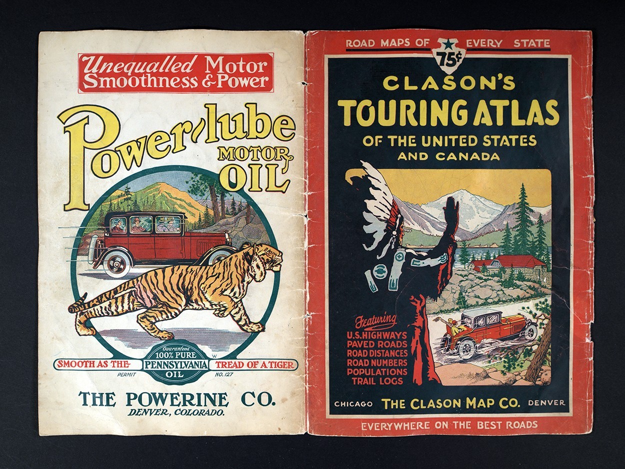 1930 Clason Touring Atlas of United States Covers Antique Car Power-Lube Oil Ad