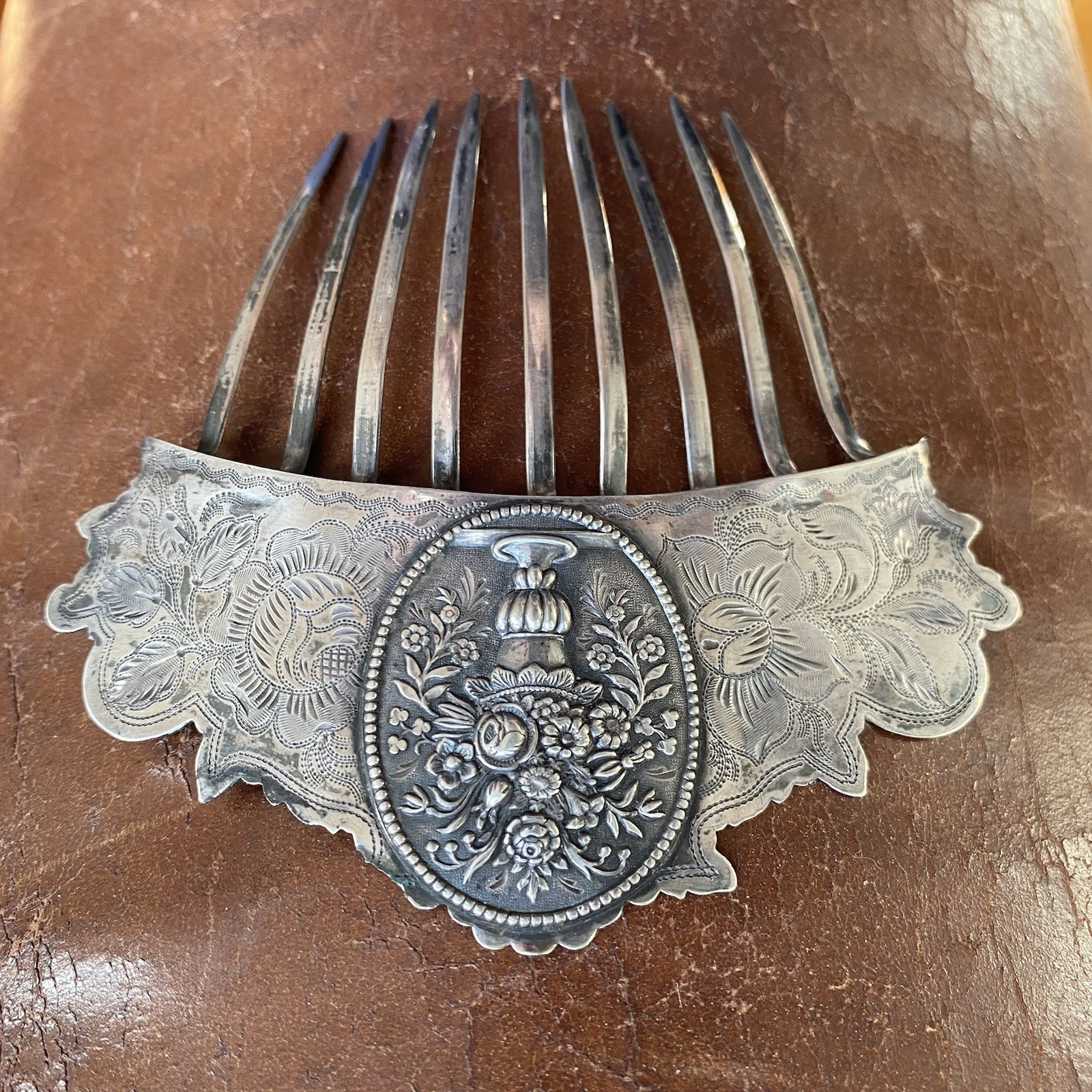 American Early Coin Silver Hair Comb Antique .900 Basket of Flowers Not Sterling