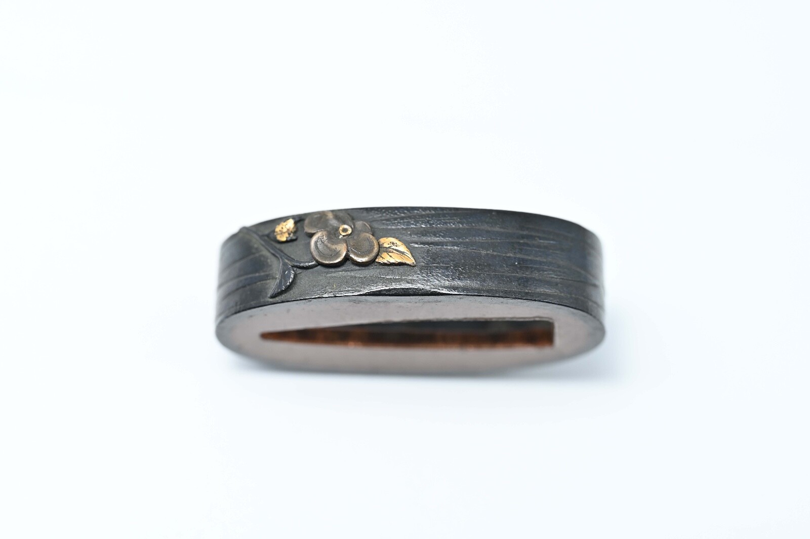 Fuchi Kashira Japanese antique Mumei balloon flower design shakudo Edo era