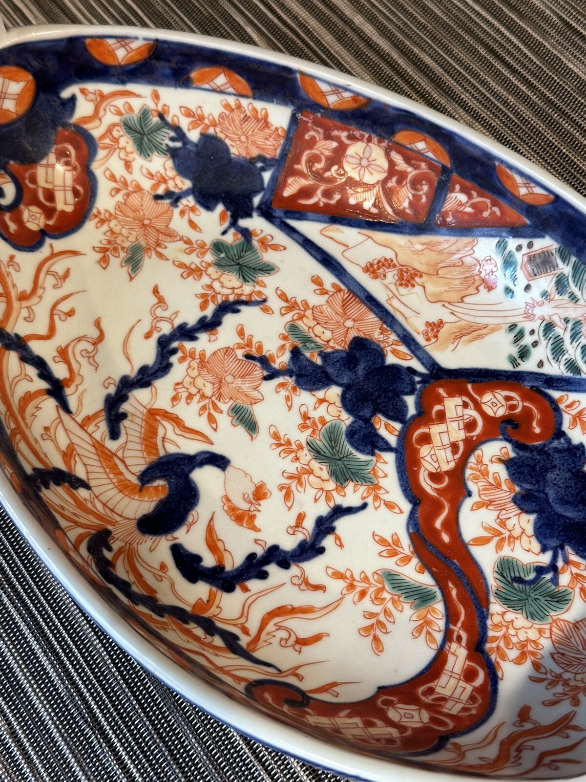 1850-1899 Antique Japanese Meji Period Imari Boat Platter Palatial Hibiscus