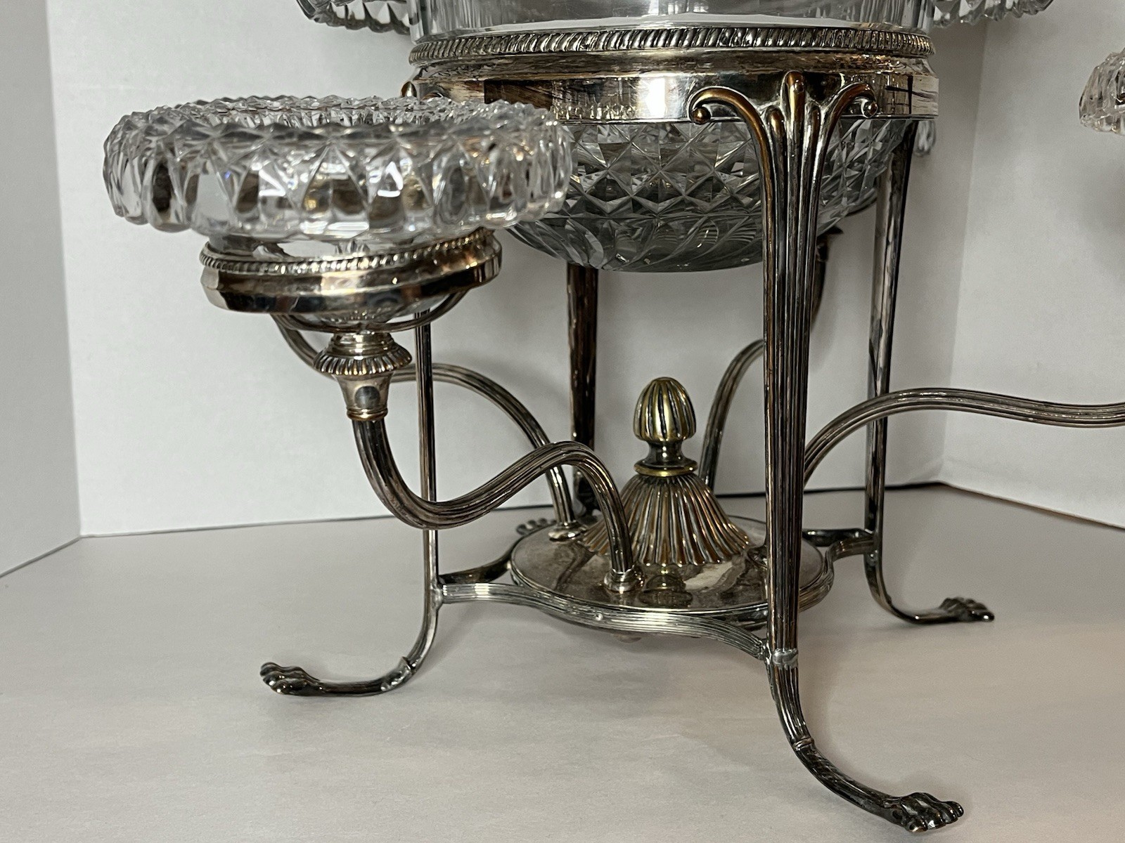 Antique Silver Plate Footed Epergne w 1 Lg 4 Sm Leaded Cut Glass Bowls