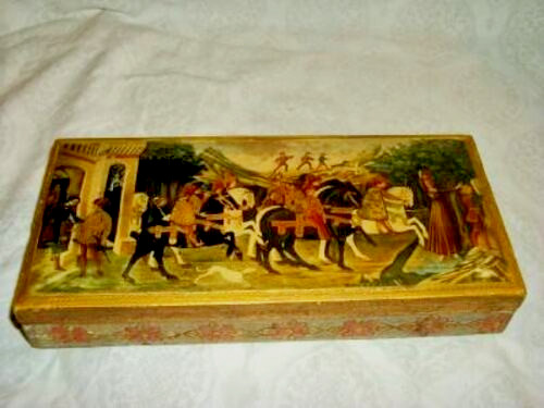 Italian Florentine Renaissance Print Wood Box Long Gilt Aqua Pink Dresser Gloves