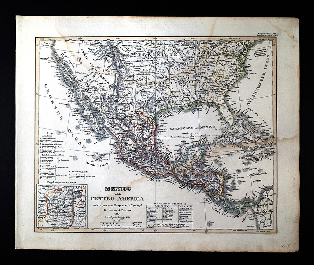1847 Stieler Map – United States Texas Mexico California Central America Panama
