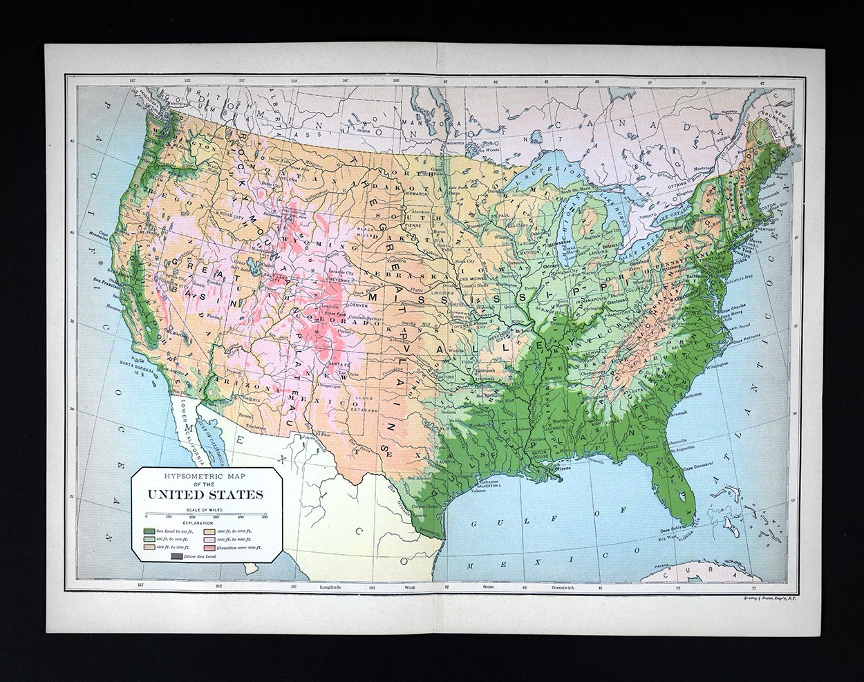 1896 Johnson United States Elevation Map Hypsometric Mountains Basins Plains USA