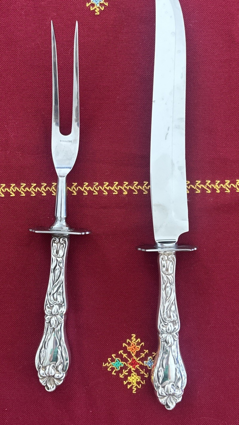 Frank M. Whiting Sterling Silver Carving Set Knife & Fork Lily 13.5″