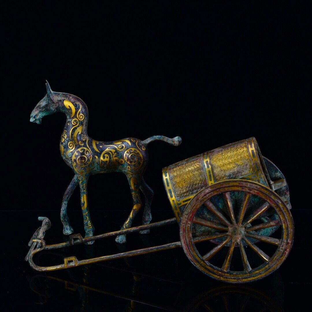 14” Ancient China Bronze gilt Ware Dynasty War Horse drawn cart Sculpture