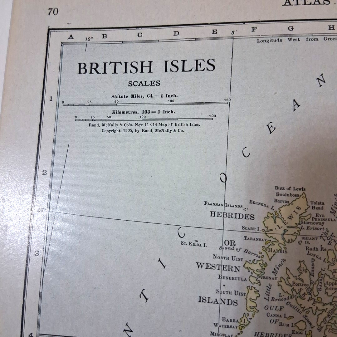 Antique 1905 British Isles United Kingdom Color Map Rand-McNally Atlas Page