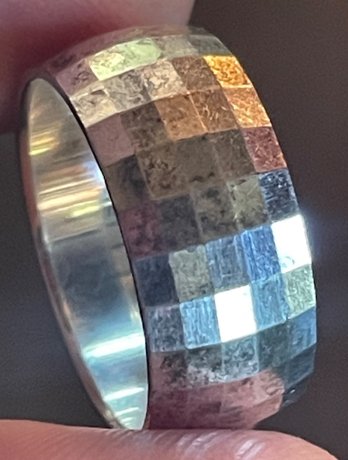 VTG Italy 925 Sterling Silver Disco Ball Faceted Checkerboard Wide Band Ring