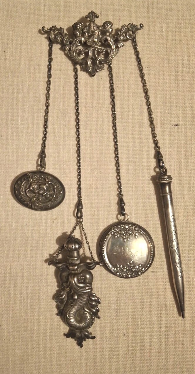Antique Victorian Sterling Silver Chatelaine Pencil Mirror Dolphin Cherub Fobs