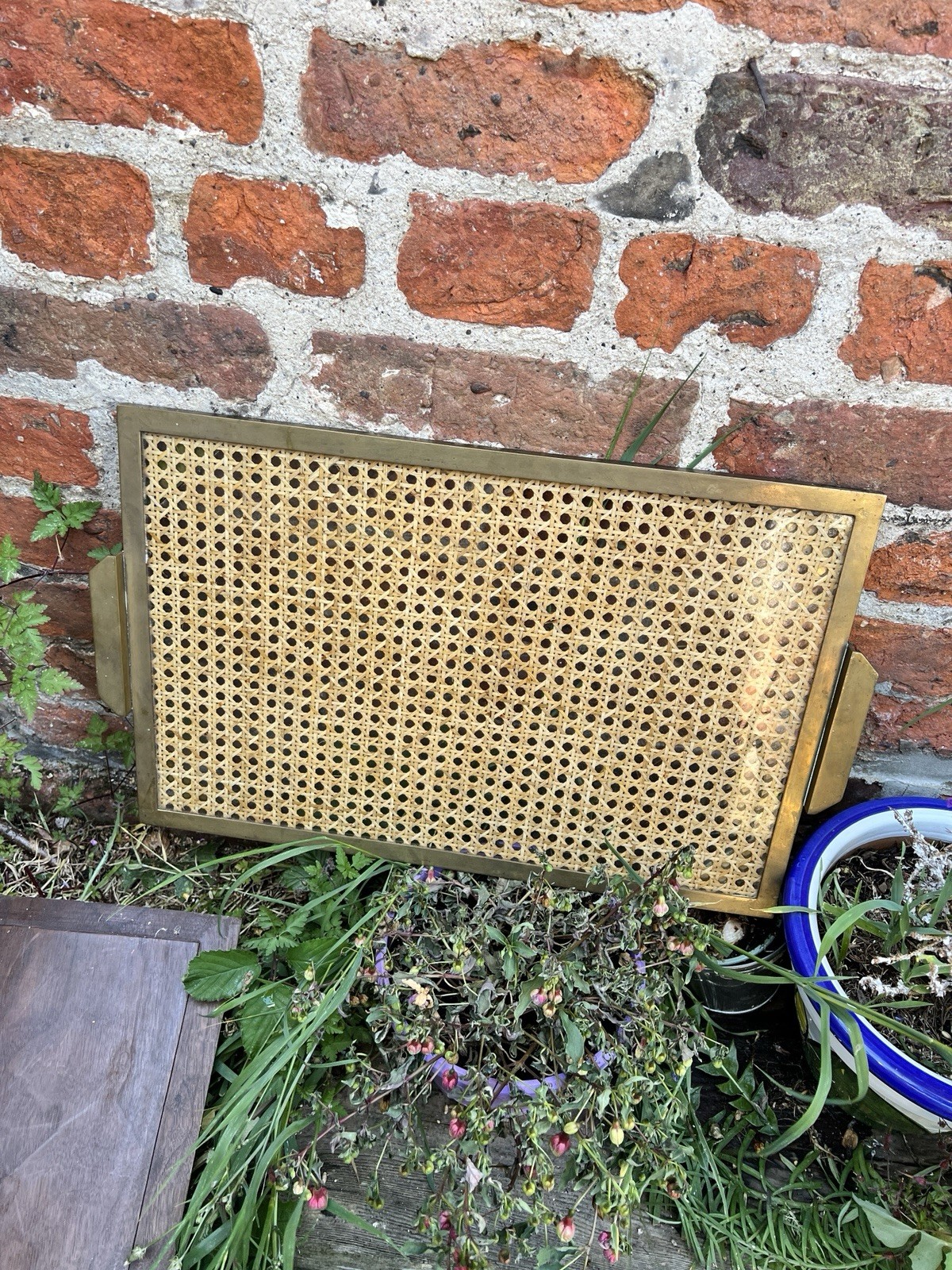 Vintage Mid Century Brass Lucite Rattan serving tray Montagnani Italy 1970s Old